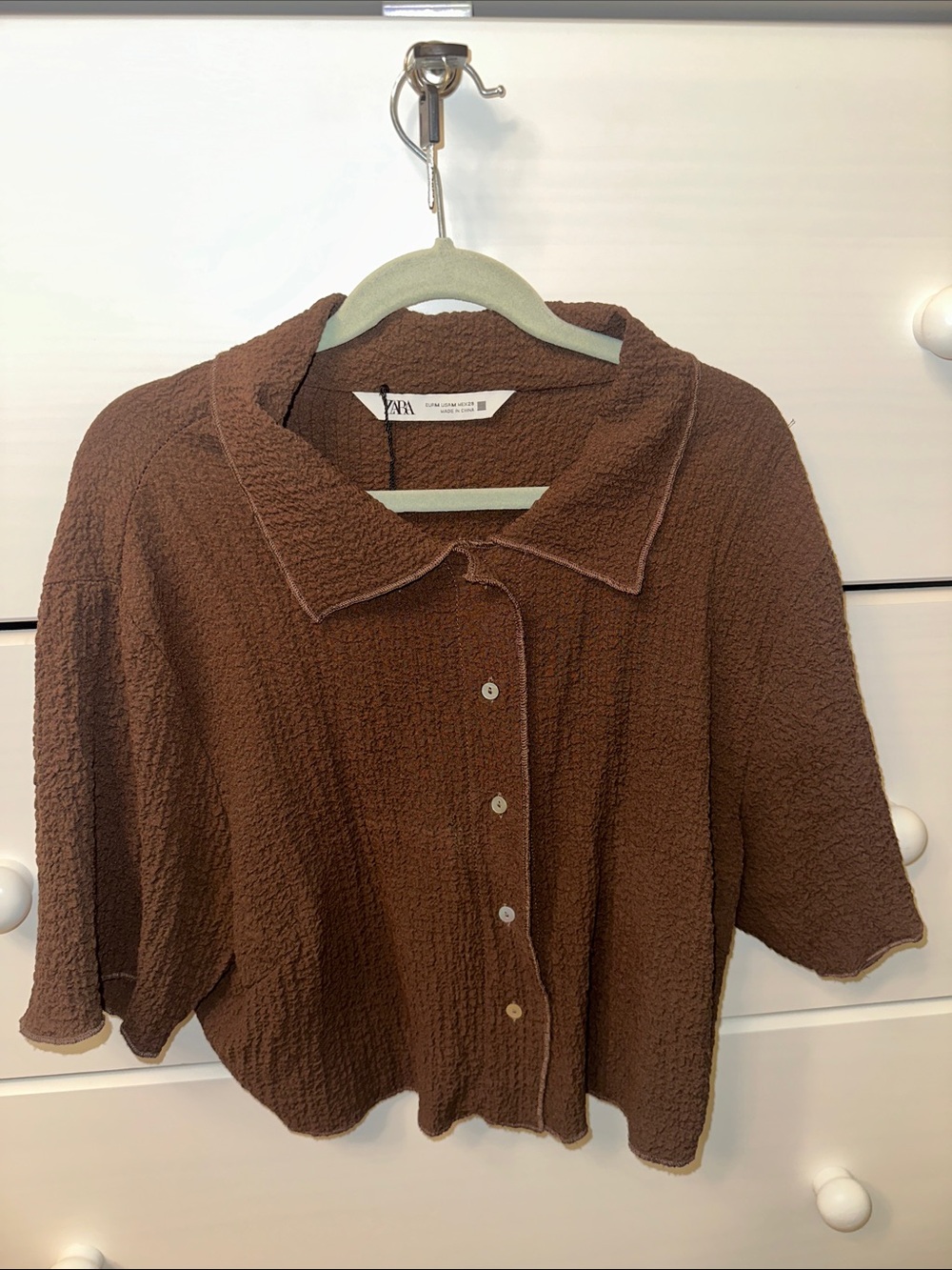 Zara Chocolate Brown Textured Button-Down Short Sleeve Shirt